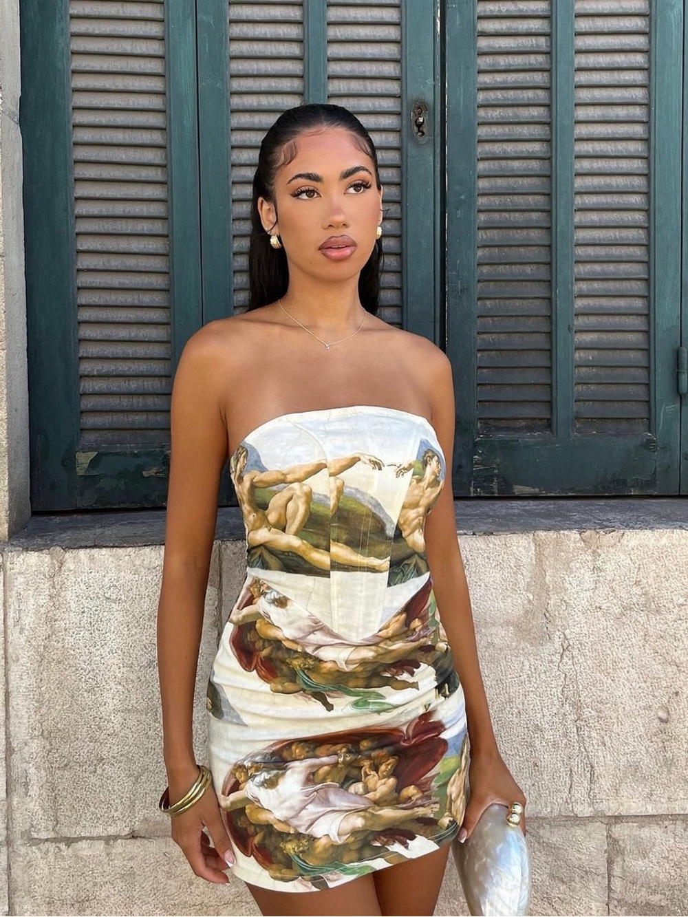 Fashion Nova Strapless Renaissance Print Mini Dress in Cream and Brown